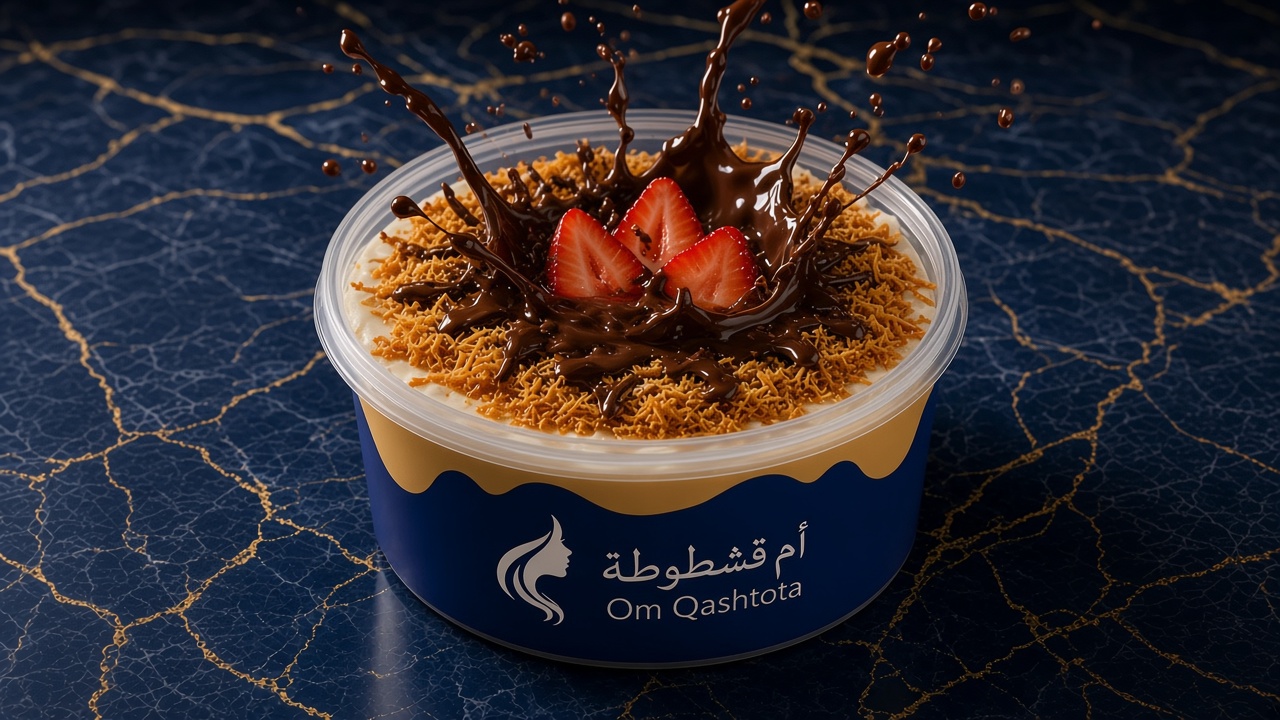 علبة كشري حلو دائرية بالشعار، طبقات كريمة وكنافة وفراولة مع رذاذ شوكولاتة